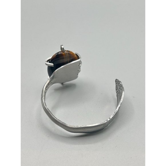 Flatware Jewelry Handcrafted Fork Bangle Bracelet Tiger Eye Stone Primitive - Picture 4 of 11